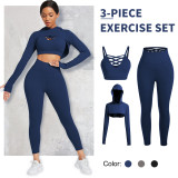 Yoga Wear Crossover Hooded Top 3 Piece Set GMDI-35594