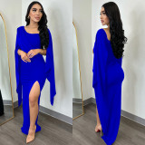 Solid Color Long Sleeve Split Pleated Long Dress BY-6772