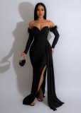 Feather Patchwork Long Sleeve Split Evening Dress AIL-261