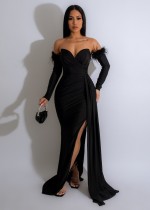 Feather Patchwork Long Sleeve Split Evening Dress AIL-261