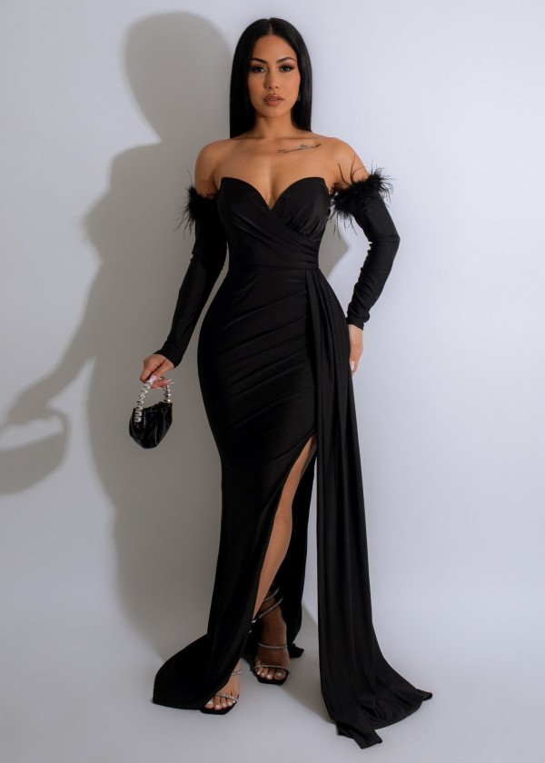 Feather Patchwork Long Sleeve Split Evening Dress AIL-261