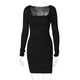 Long Sleeve Pleated Solid Midi Dress BLG-D0A3663H