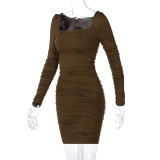 Long Sleeve Pleated Solid Midi Dress BLG-D0A3663H