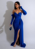 Feather Patchwork Long Sleeve Split Evening Dress AIL-261