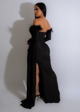 Feather Patchwork Long Sleeve Split Evening Dress AIL-261