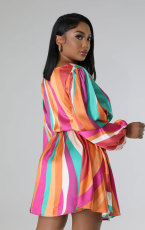 Casual Print Long Sleeve Tie Up Midi Dress 2XHXF-389