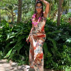 Fashion Print Pleated Split Maxi Dress MEI-9004