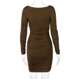 Long Sleeve Pleated Solid Midi Dress BLG-D0A3663H