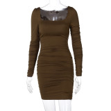Long Sleeve Pleated Solid Midi Dress BLG-D0A3663H