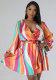 Casual Print Long Sleeve Tie Up Midi Dress 2XHXF-389