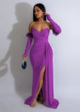 Feather Patchwork Long Sleeve Split Evening Dress AIL-261