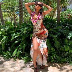 Fashion Print Pleated Split Maxi Dress MEI-9004