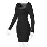 Long Sleeve Pleated Solid Midi Dress BLG-D0A3663H