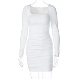 Long Sleeve Pleated Solid Midi Dress BLG-D0A3663H
