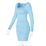Long Sleeve Pleated Solid Midi Dress BLG-D0A3663H