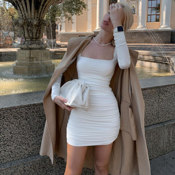 Long Sleeve Pleated Solid Midi Dress BLG-D0A3663H