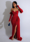 Feather Patchwork Long Sleeve Split Evening Dress AIL-261