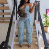 Fashion Sexy Wrap Chest Single-breasted Multi-Pocket Jumpsuit GHKC-13579