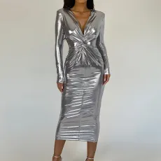 V Neck Pleated Long Sleeve Midi Dress BLG-D3B14798A