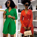 Fashion Pleated Splicing Blazer Midi Dress NY-10671