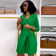 Fashion Pleated Splicing Blazer Midi Dress NY-10671