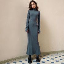Long Sleeve Solid Slim Zipper Maxi Dress BLG-D3A14614A