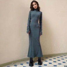 Long Sleeve Solid Slim Zipper Maxi Dress BLG-D3A14614A