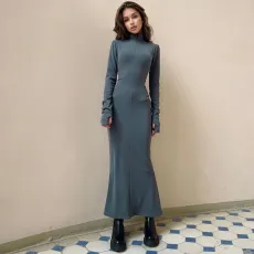 Long Sleeve Solid Slim Zipper Maxi Dress BLG-D3A14614A