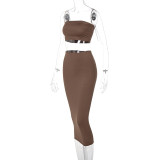 Solid Color Wrap Chest Tops Two Piece Skirt Set BLG-S155164A