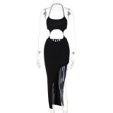 Backless Hollow Out Chain Halter Maxi Dress BLG-D258649A