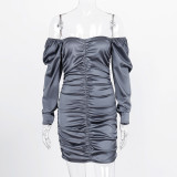 Long Sleeve Pleated Off Shoulder Knits Mini Dress BLG-D981145K