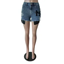 Fashion Beaded Denim Shorts MEM-88546