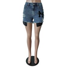Fashion Beaded Denim Shorts MEM-88546