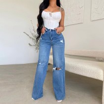 High Waist Loose Holes Wide Leg Jeans OM-1729