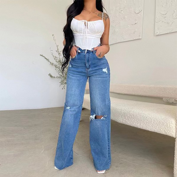 High Waist Loose Holes Wide Leg Jeans OM-1729