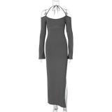 Sexy Halter Backless Split Maxi Dress BLG-D3713464K
