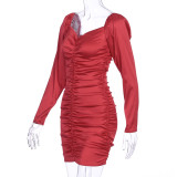 Long Sleeve Pleated Off Shoulder Knits Mini Dress BLG-D981145K
