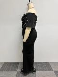 Plus Size Pearl Sleeveless One Shoulder Split Dress NY-3102