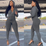 Long Sleeve Stripe Hooded Two Piece Pants Set NY-10677