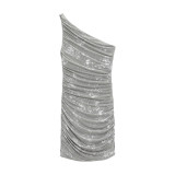 One Shoulder Mesh Stamping Slim Mini Dress ME-8481