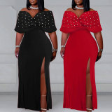Plus Size Pearl Sleeveless One Shoulder Split Dress NY-3102