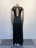 Hot Drill Mesh Backless Bodysuit Split Skirt 2 Piece Set  NY-2977