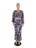 Fashion Print V Neck Two Piece Pants Set ZDF-31329