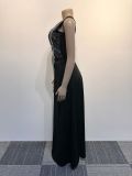 Hot Drill Mesh Backless Bodysuit Split Skirt 2 Piece Set  NY-2977