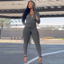 Long Sleeve Stripe Hooded Two Piece Pants Set NY-10677