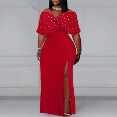 Plus Size Pearl Sleeveless One Shoulder Split Dress NY-3102