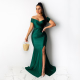 Sexy Solid Color Nightclub V Neck Split Long Dress AIL-243