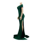Sexy Solid Color Nightclub V Neck Split Long Dress AIL-243