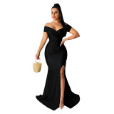Sexy Solid Color Nightclub V Neck Split Long Dress AIL-243