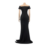 Sexy Solid Color Nightclub V Neck Split Long Dress AIL-243